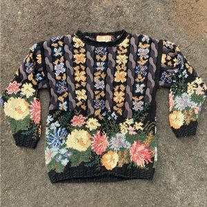 Vintage cottagecore floral cable knit sweater black pink cream green 1990s boho